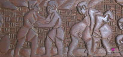 null Natural wood panel decorated with a wrestling scene with multiple combatants...