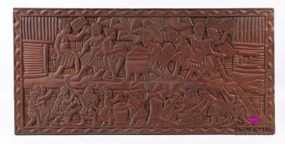 null Natural wood panel depicting a festive scene with dancers and musicians hemmed...