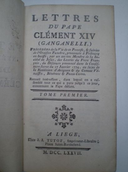 null CLEMENT XIV. Lettres du pape Clément XIV (Ganganelli) précédées de la Vie de...