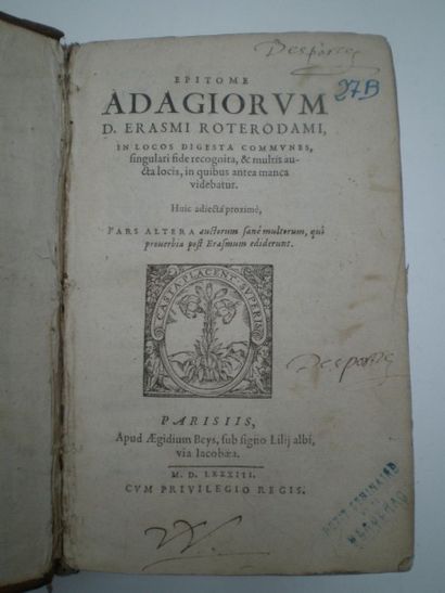 null ERASME. Epitome adagiorum. In locos digesta communes.

Paris, Aegidium Beys,...