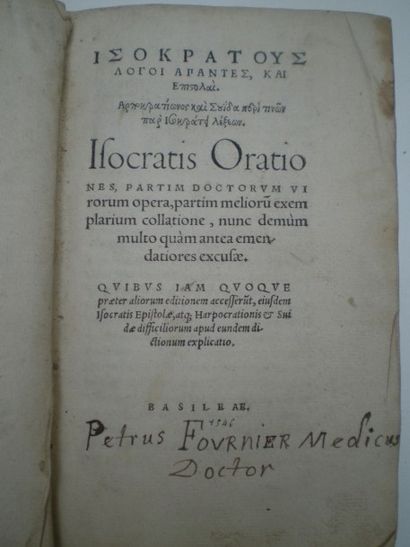null ISOCRATE. Orationes.

Basileae, 1546, relié plein cartonnage modeste. 591pp...