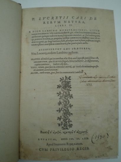 null LUCRECE. Cari de rerum natura.

Paris, 1570, relié demi-veau postérieur, dos...