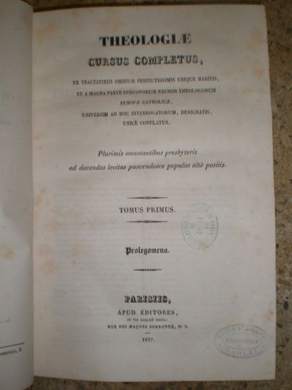 null MIGNE Abbé. Theologiae Cursus.

Paris, 1837, 28 volumes en demie reliure." +...