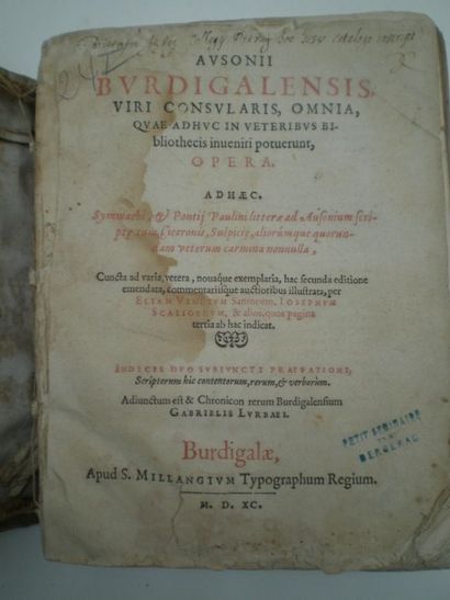 null AUSONE. Opera...

Burdigalae, S. Millangium, 1590, relié plein vélin, 598 pages...