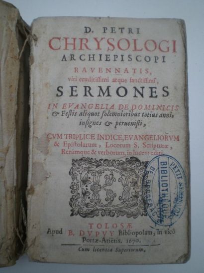 null CHRYSOLOGUE Pierre. Sermones.

Tolosa, Dupuy, 1670, relié plein vélin, 630 ...