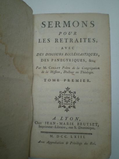 null COLLET. Sermons pour retraites.

Lyon, Bruyset, 1763-1764, relié plein veau,...