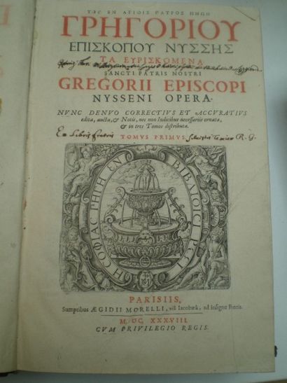 null GREGOIRE de NYSSE. Opera.

Paris, Aegidii, 1638, 3 volumes reliés plein veau...