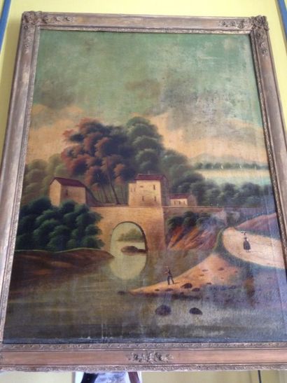null Trumeau à décor d'un paysage de rivière architecturé, XIXème siècle
142 x 76...