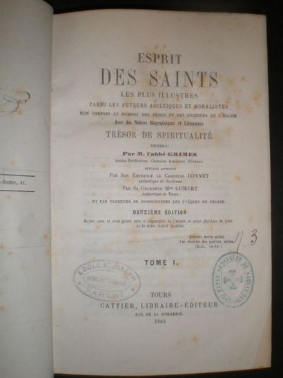 null GRIMES Abbé. Esprit des Saints les plus illustres.

Cattier, 1861, 6 volumes...