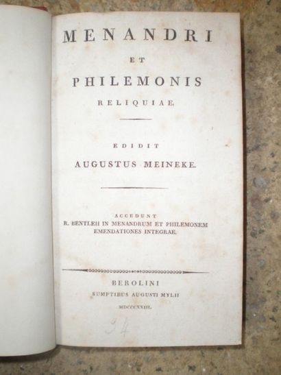 null MEINEKE Augustus. Menandri et Philemonis reliquiae.

Berolini Sumptibus Augusti...