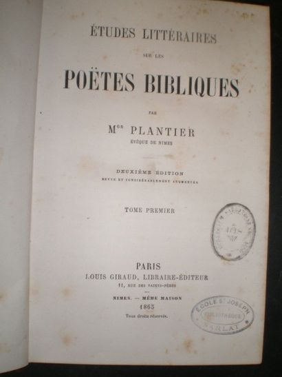 null PLANTIER. Etudes littéraires sur les Poètes bibliques.

Paris, Giraud,1865,...