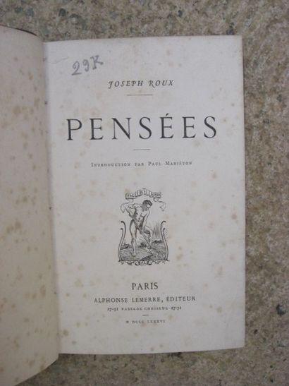null ROUX Joseph. Pensées.

Paris, Lemerre, 1886, relié demi-chagrin, dos à nerfs,...