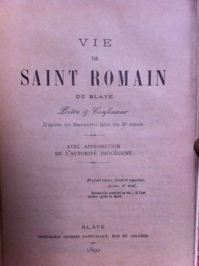 [BELLEMER (E.)]. Vie de Saint Romain de Blaye,...