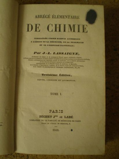 null LASSAIGNE (J.-L.). Abrégé élémentaire de Chimie.

Paris, Bechet, 1842, 2 volumes...