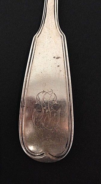null Louche en argent 1819 - 1838 , le manche à

décor de filet.

Poids : 248 g
