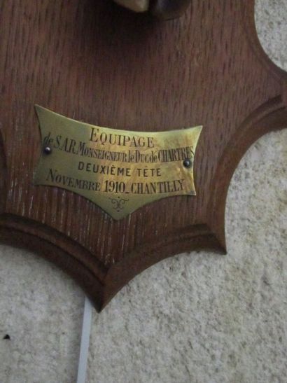 null Pied d’honneur de cerf (CH) sur écusson

en chêne mouluré. Plaque en métal portant

l’inscription...