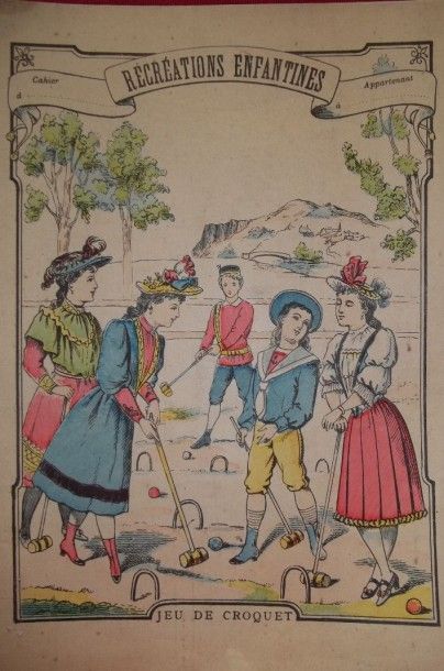 null Cahier d'écolier comportant une scène de jeu de croquet, en couleurs, sur la...