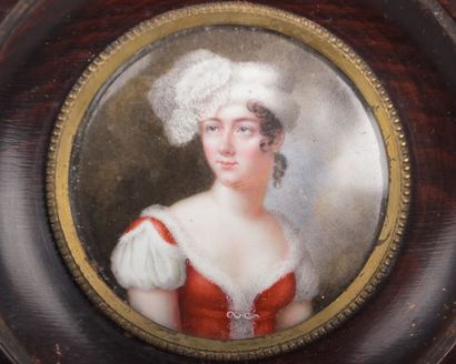 null École française du XIXème siècle

Portrait d’une élégante au chapeau de plume

Miniature...