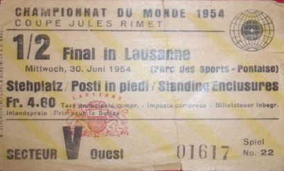 null Billet d'entrée pour la demi-finale de la Coupe du Monde 1954, à Lausanne, pour...