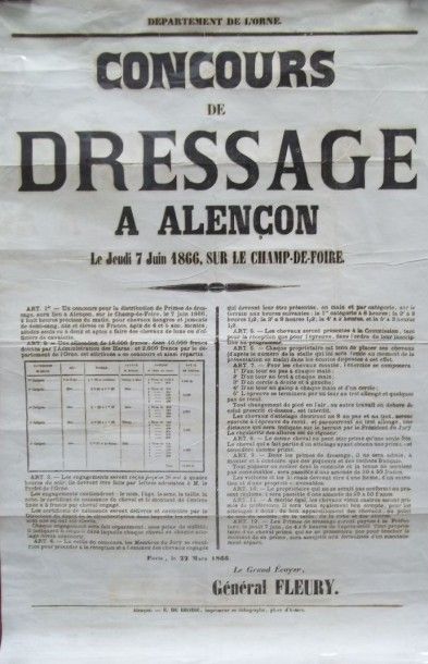 null Affiche murale pour le Concours de Dressage d'Alençon du 7 juin 1866 sur le...