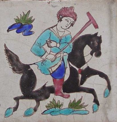 null "Joueur de polo". Carreau de faïence à décor oriental. XVIIIème siècle. Format...