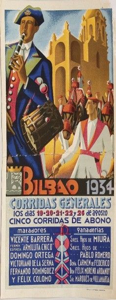 null MARTINEZ ORTIZ
Affichette pour les Corridas de Bilbao du 19 au 26 août 1934...