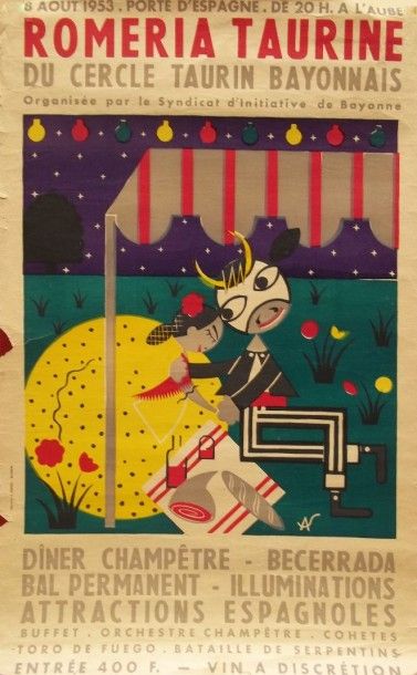 null SAEZ (A.)
Affiche pour la Romeria taurine du cercle taurin Bayonnais datée 1953
(petite...