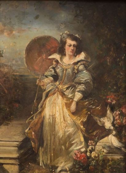 null École française du XIXème siècle

Jeune femme à l’ombrelle dans un paysage

fleuri

Huile...