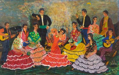 null Lot composé de 4 tableaux : 

- ML Mayor Danseurs de flamenco - Huile sur toile...
