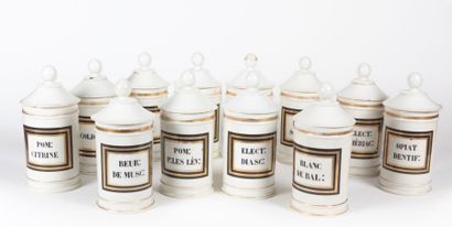 null Douze pots à pharmacie en porcelaine blanche à décor d'une réserve annotée en...