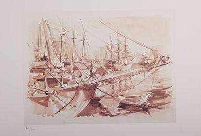 null DAUGUET Jean-Claude (1939-2002)

Vue de voiliers à Bordeaux

Lithographie en...