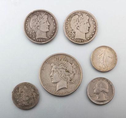 null Lot comprenant : 1 frcs 1918 - 1 quatter dollar 1972 - 1 pièce turc - 2 half...