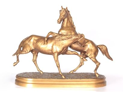 null BONHEUR Jules Isidore (1827-1901)
d'après
L'accolade
Bronze à patine dorée reposant...