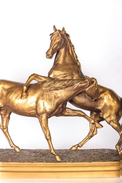 null BONHEUR Jules Isidore (1827-1901)
d'après
L'accolade
Bronze à patine dorée reposant...