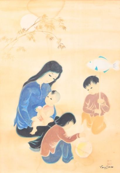 null VAN THO Tran (né en 1917)

Jeune femme et ses trois enfants

Peinture sur soie

Cachet...