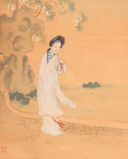 null CHINE

Quatre peintures sur soie contrecollées et

encadrées figurant une geisha...