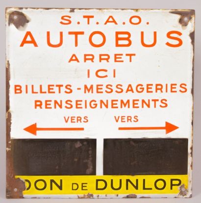 null Plaque émaillée de forme carrée marquée "S.T.A.O Autobus Arrêt ici - Billets...