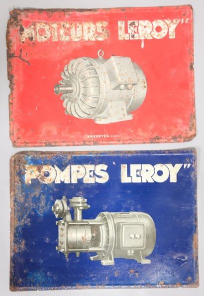 null Lot de deux plaques en tôle lithographiées marquées "Moteurs Leroy Brevetés...