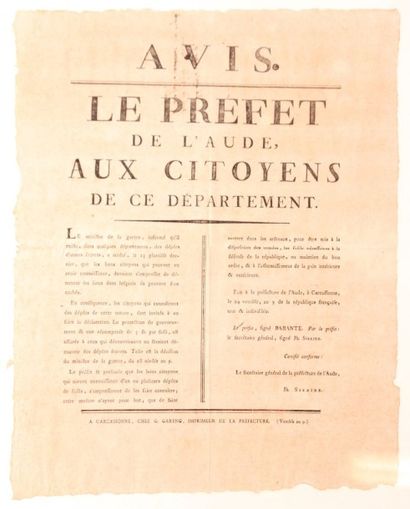 null Affiche publique sur papier "Avis Le Préfet de l'Aude, aux citoyens de ce département"...