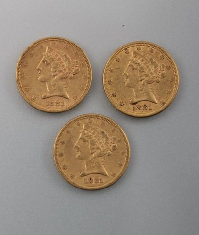 null Trois pièces de 5 dollars américain en or de 1881 

Poids : 24 g