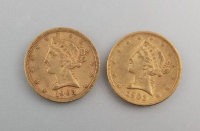null Deux pièces de 5 dollars américain en or de 1903

Poids : 16,6 g