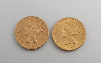 null Deux pièces de 5 dollars américain en or de 1905

Poids : 16,6 g