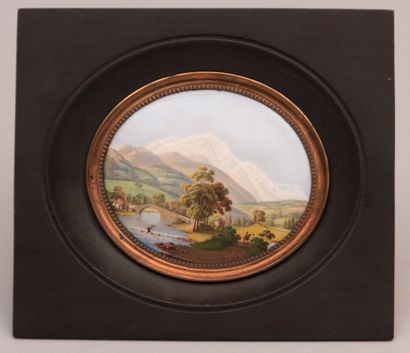 null Peinture sur cuivre annotée au verso "Délicieuse vue du Mont Blanc (Savoie)...
