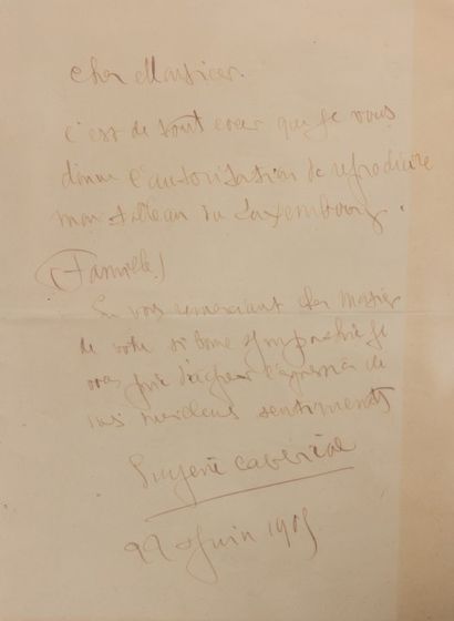 null Lettre manuscrite d'Eugène Carrière (1849-1906) signée, datée 22 juin 1905 et...