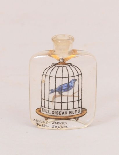 null Flacon de parfum à décor biface à jeu optique marqué L'Oiseau Bleu Callot Soeurs...