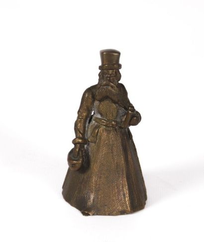 null Clochette de table en bronze en forme d'homme barbu chapeauté et en robe tenant...