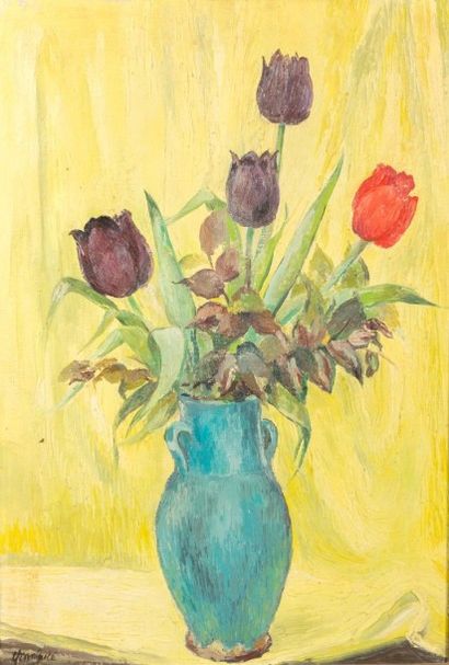 null ANONYME (XXème siècle)

Bouquet de tulipes au vase bleu

Huile sur toile

Signature...