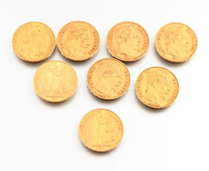 null Huit pièces en or de 20 francs, dont cinq Napoleon III 1864,1855, 1854, 1869...