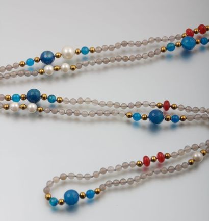 null Sautoir de perles d'agate rouges, bleues et grises et perles d'eau douce de...