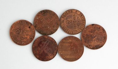 null TROISIEME REPUBLIQUE (1871-1940)

Six pièces de deux centimes Cérès 1878, 1887,...